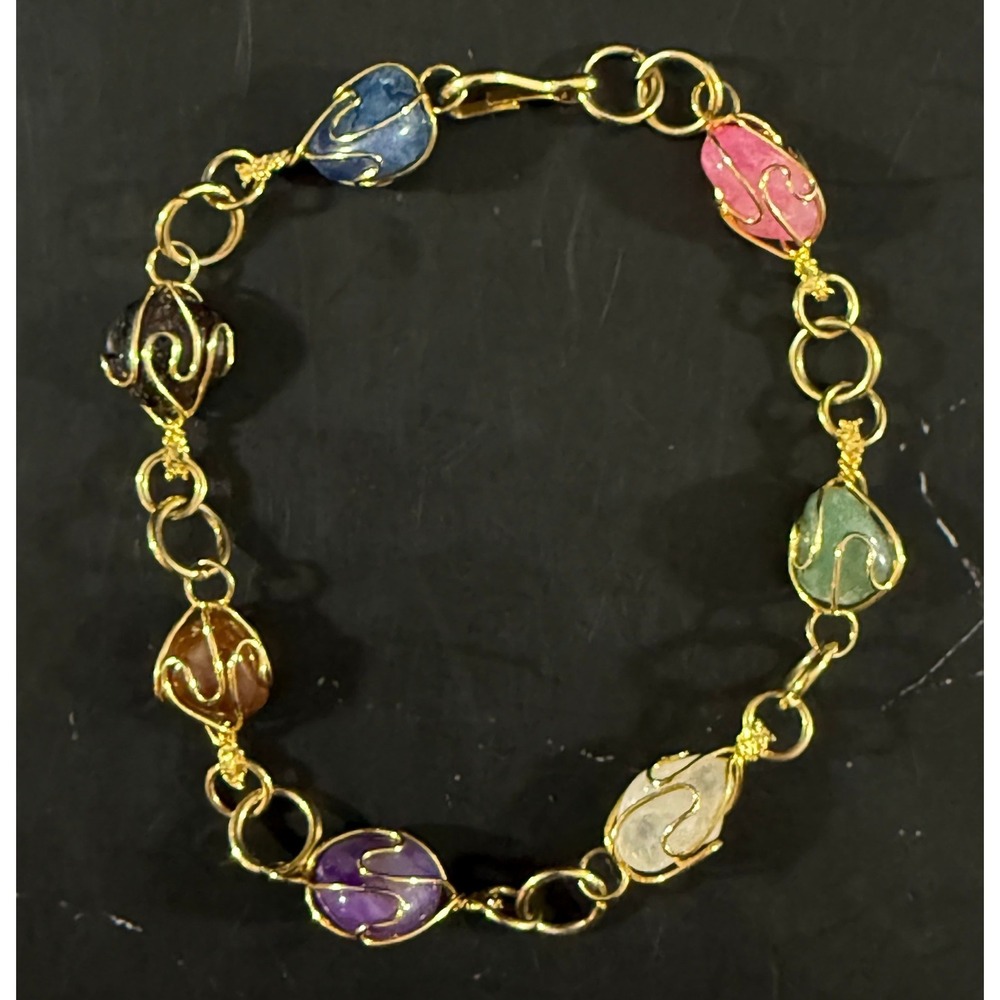 Vintage Multicolor Semi Precious Stone Wire Wrapped Caged 9" Bracelet